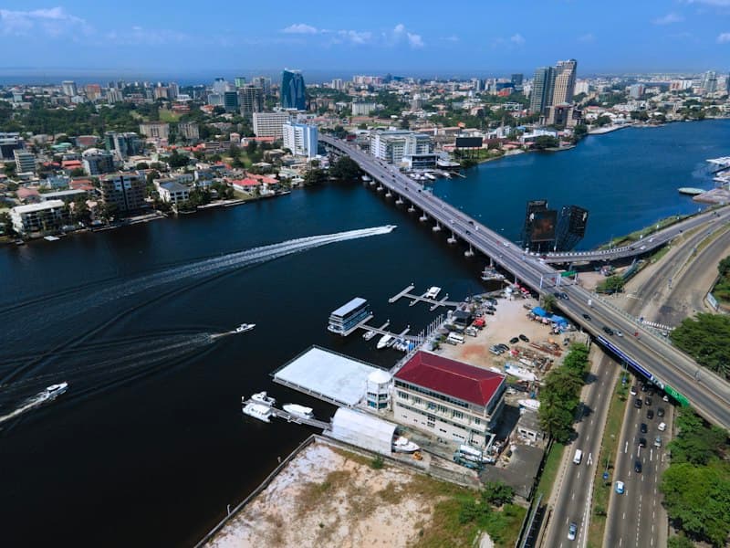 Aerial view of Lagos waterfront and bridge